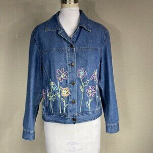 Vintage TimberLea Flower Patch Ribbon Applique Denim Blue Jacket